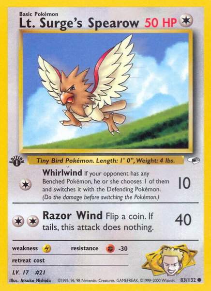 Lt. Surge's Spearow (83) trading card from Gym Heroes Lt. Surge's Spearow (83) - Gym Heroes Pokémon trading card