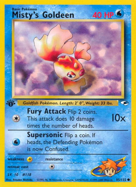 Misty's Goldeen (85) trading card from Gym Heroes Misty's Goldeen (85) - Gym Heroes Pokémon trading card