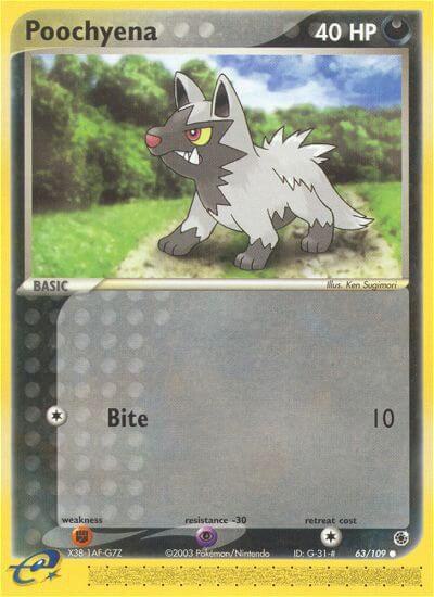 Poochyena - 63/109 trading card from Ruby and Sapphire Poochyena - 63/109 - Ruby and Sapphire Pokémon trading card