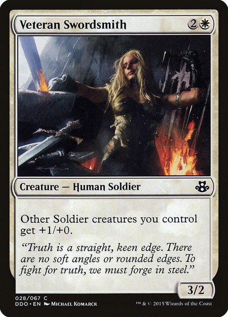 Veteran Swordsmith trading card from Duel Decks: Elspeth vs. Kiora Veteran Swordsmith - Duel Decks: Elspeth vs. Kiora Magic: The Gathering trading card