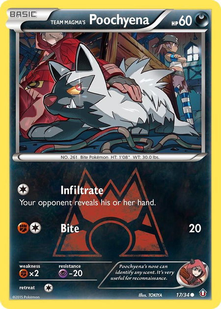 Team Magma's Poochyena trading card from Double Crisis Team Magma's Poochyena - Double Crisis Pokémon trading card