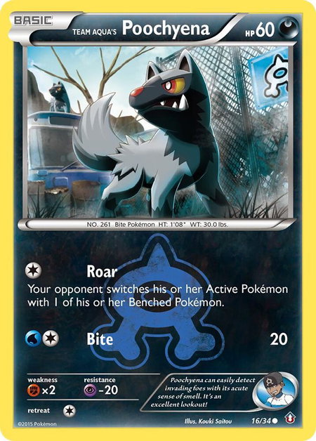 Team Aqua's Poochyena trading card from Double Crisis Team Aqua's Poochyena - Double Crisis Pokémon trading card